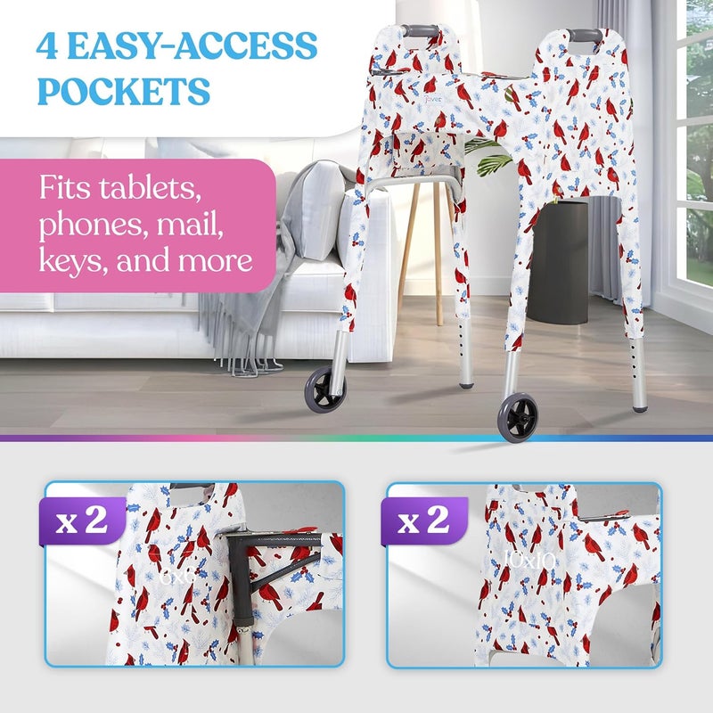Jover – Walker Covers (Winter Birds) – Colorful Fabric Cover for Standard Folding Walker Mobility Aid with Pockets, Easy Fit Senior Walker Accessories, Washable Polyester, + Matching Storage Bag - Image 4